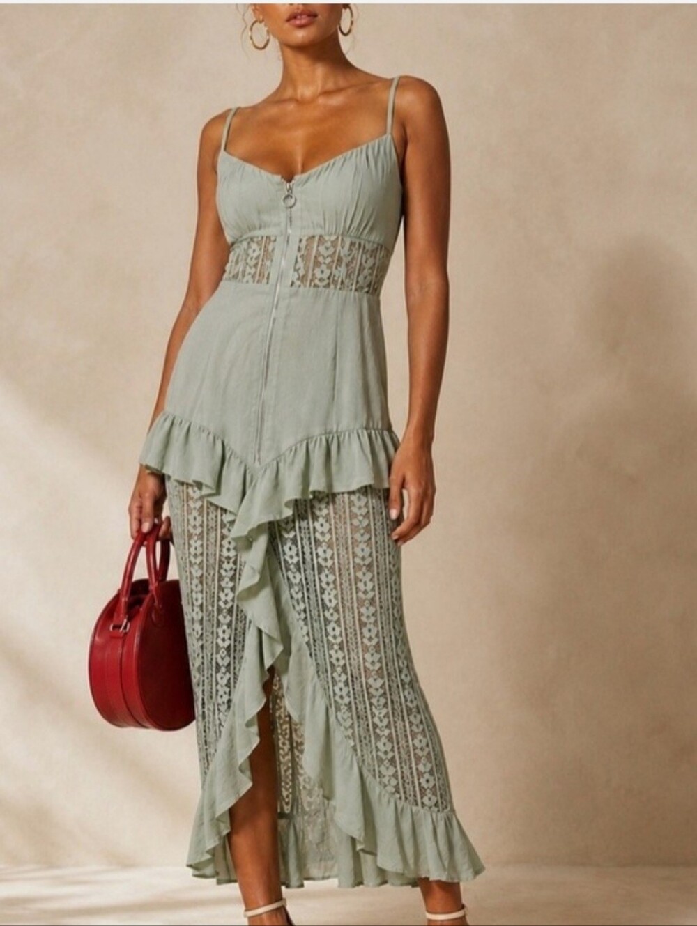 For Love & Lemons Sage Lace Ruffle Midi Dress Size M